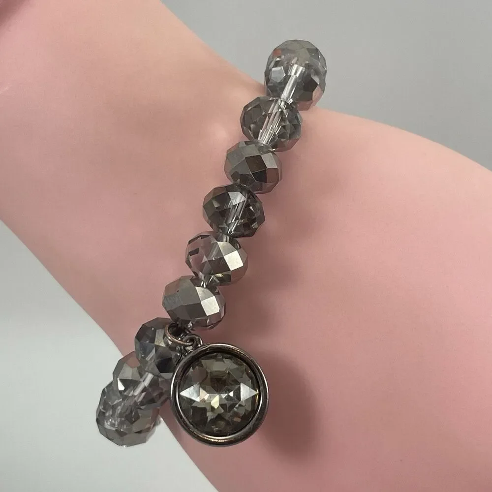 Smoke Silver Glass Rondelle Faceted Beaded Stretch Bracelet Charm Boho 6”